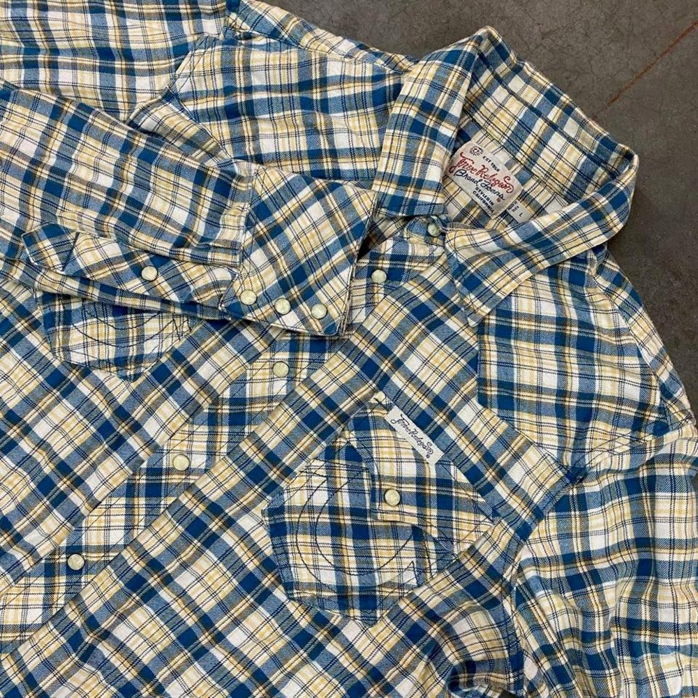 True Religion Western Shirt Mens Blue Yellow Madras Plaid‎ Pearl Snap Rodeo S